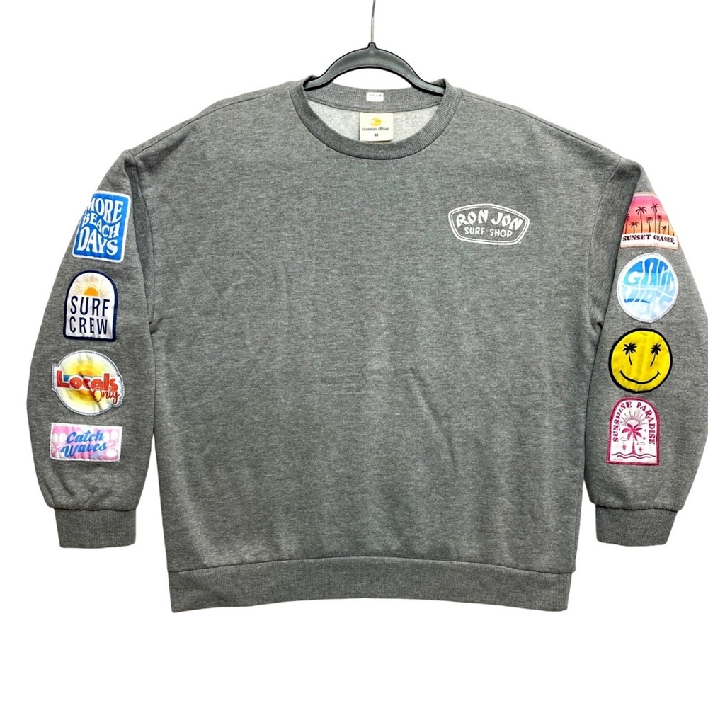 Ron Jon Ocean Drive Sweatshirt Womens Medium Gray Patch Graphic Pullover Crew